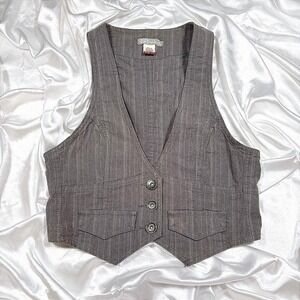 y2k pinstripe Vest Brown Fair Stretch Cotton Button Front Sleeveless Bfree